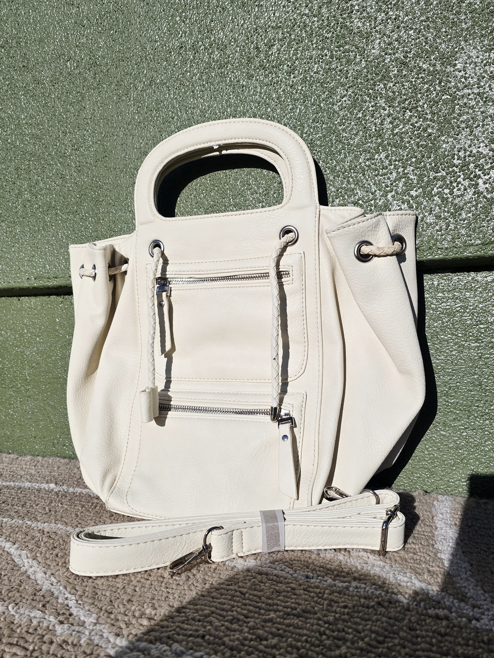 Cream Leather Shoulder Bag with Top Handles and Detachable Strap